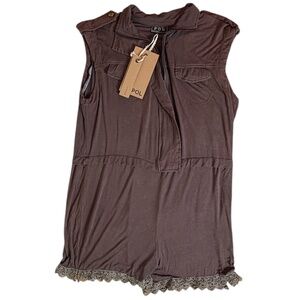 POL Brown Military Style Romper with Lace, Zipper Top, Collar, Pockets, M, Nwt
